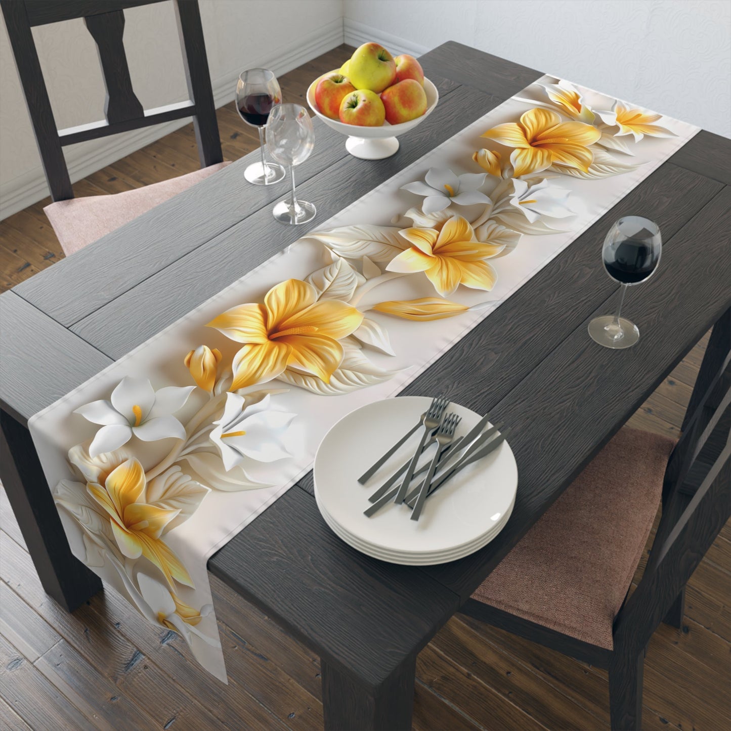 3D Table Runner with Golden Yellow Mandevilla Floral Design (16" × 72")