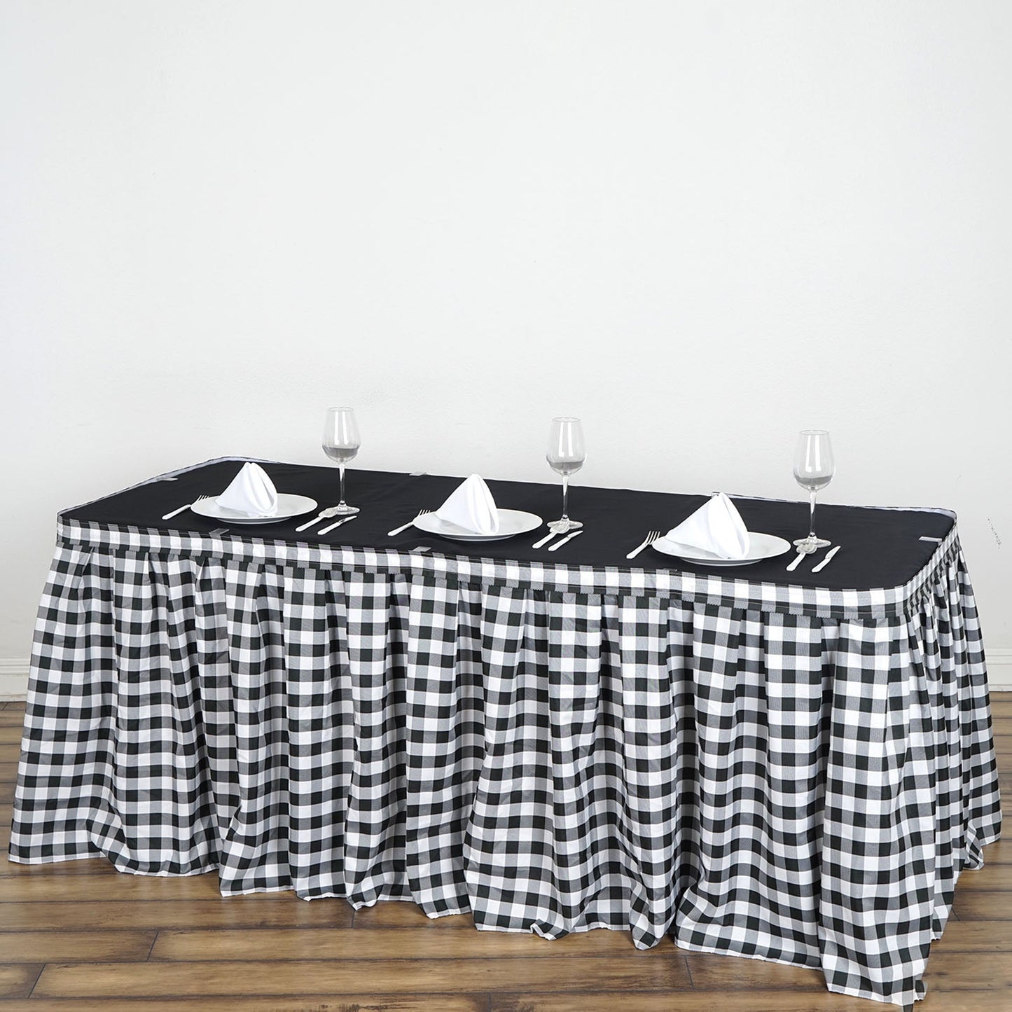 White / Black Checkered Polyester Table Skirt, Buffalo Plaid Gingham Table Skirt 17ft