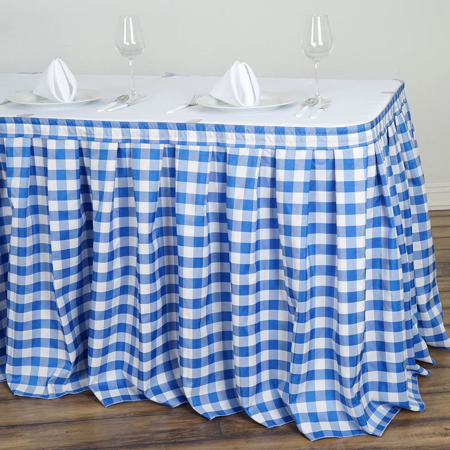 White / Blue Checkered Polyester Table Skirt, Buffalo Plaid Gingham Table Skirt 21ft