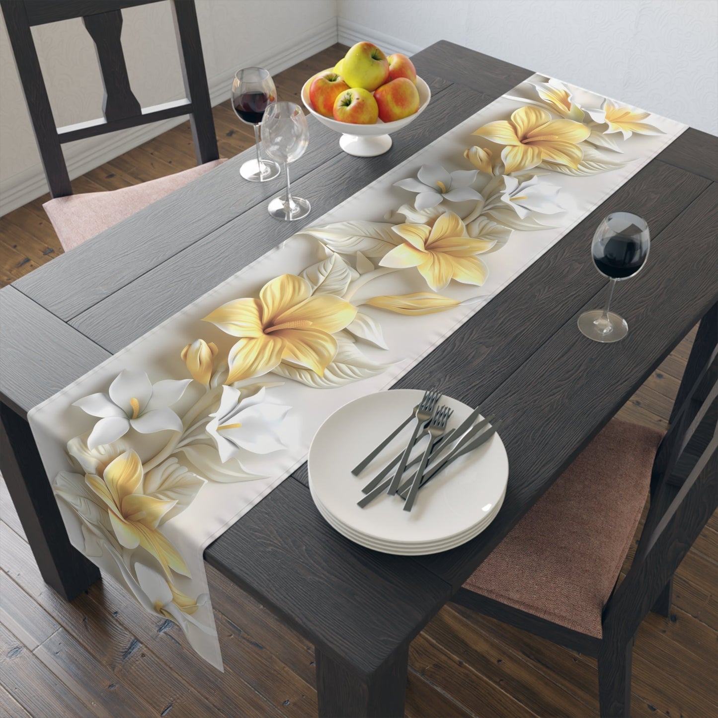 3D Table Runner with Golden Yellow Mandevilla Floral Design (16" × 72")