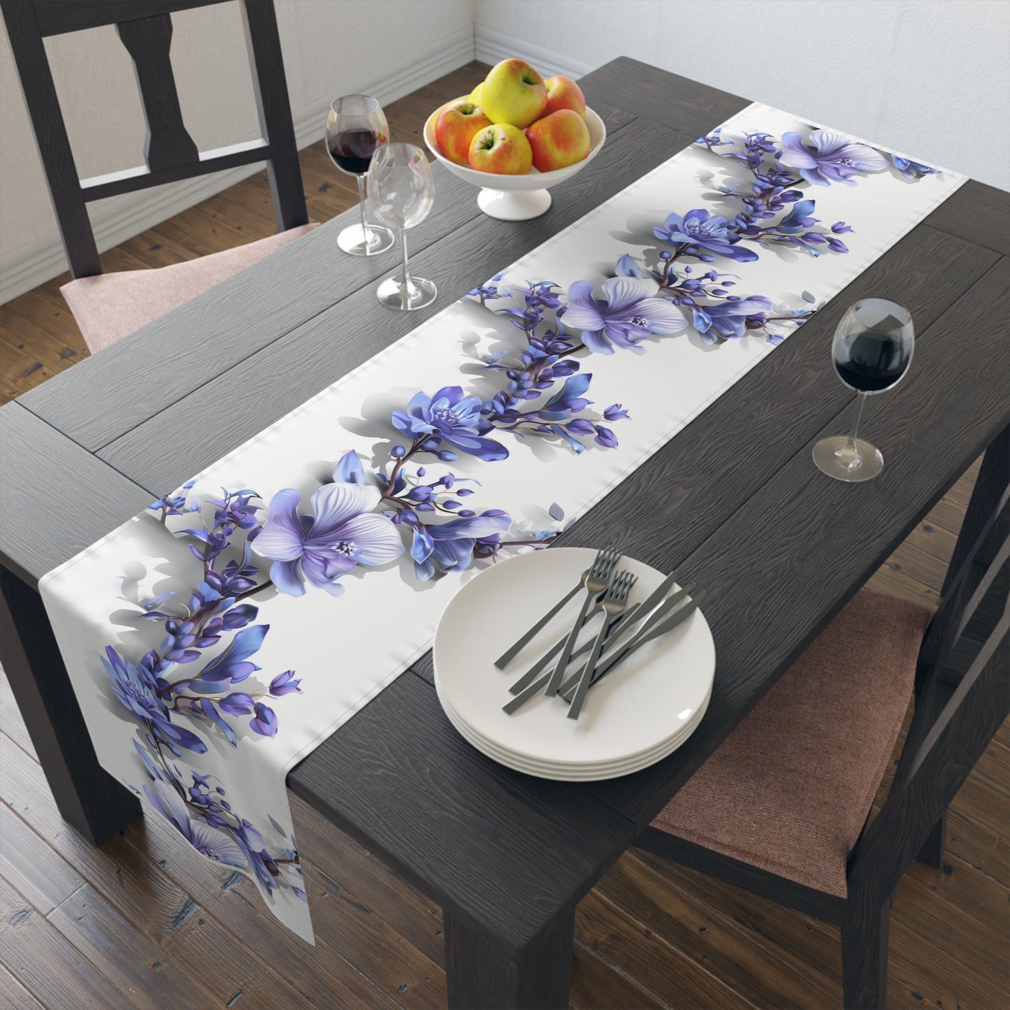 3D Table Runner with Blue Lavender Floral Design (16" × 72")