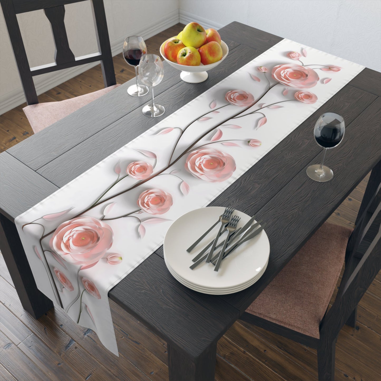 3D Table Runner with Pink Ranunuculus Floral Design (16" × 72")
