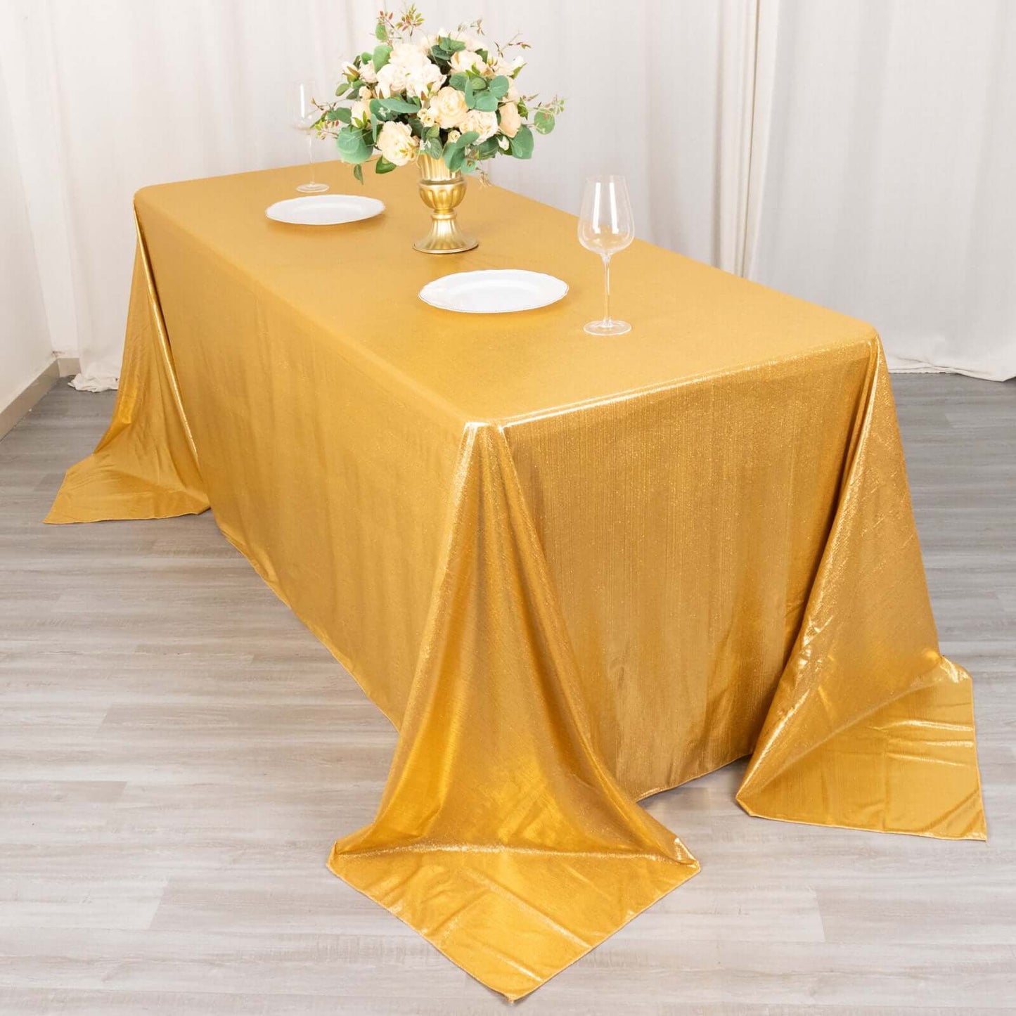 90"x132" Gold Shimmer Sequin Dots Polyester Tablecloth, Wrinkle Free Sparkle Glitter Table Cover