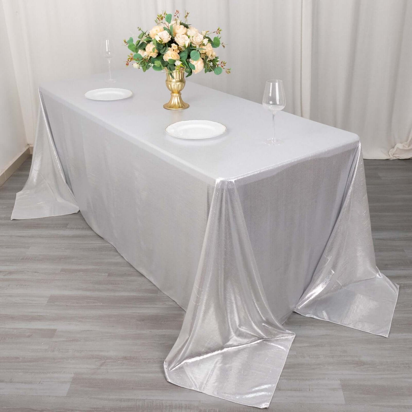 90"x132" Silver Shimmer Sequin Dots Polyester Tablecloth, Wrinkle Free Sparkle Glitter Table Cover