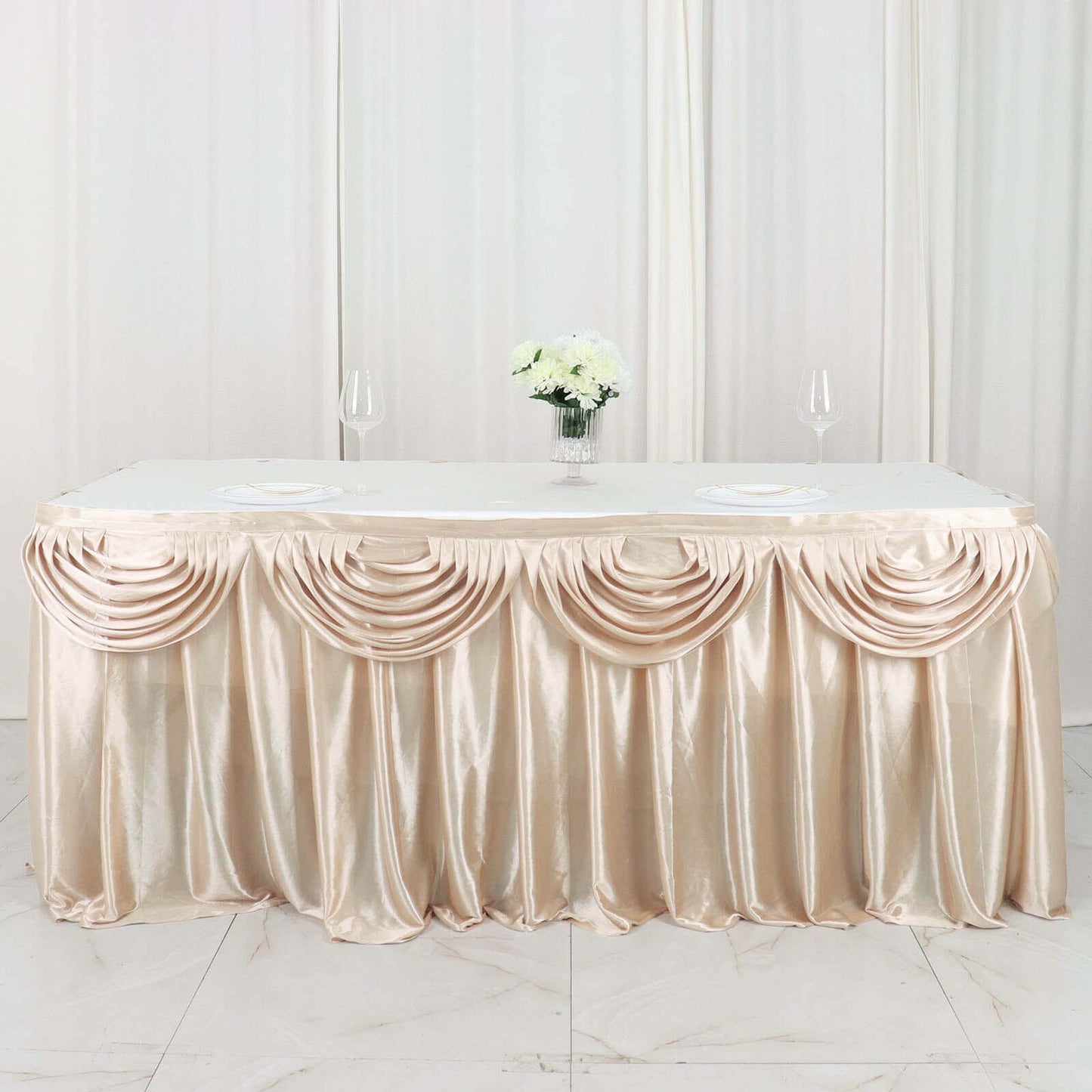 Beige Pleated Satin Double Drape Table Skirt 14ft