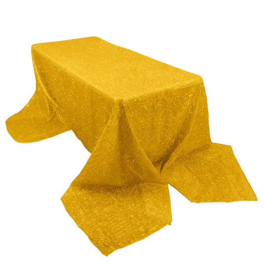 90"x156" Metallic Gold Premium Tinsel Shag Rectangular Tablecloth, Shimmery Metallic Fringe Polyester Tablecloth