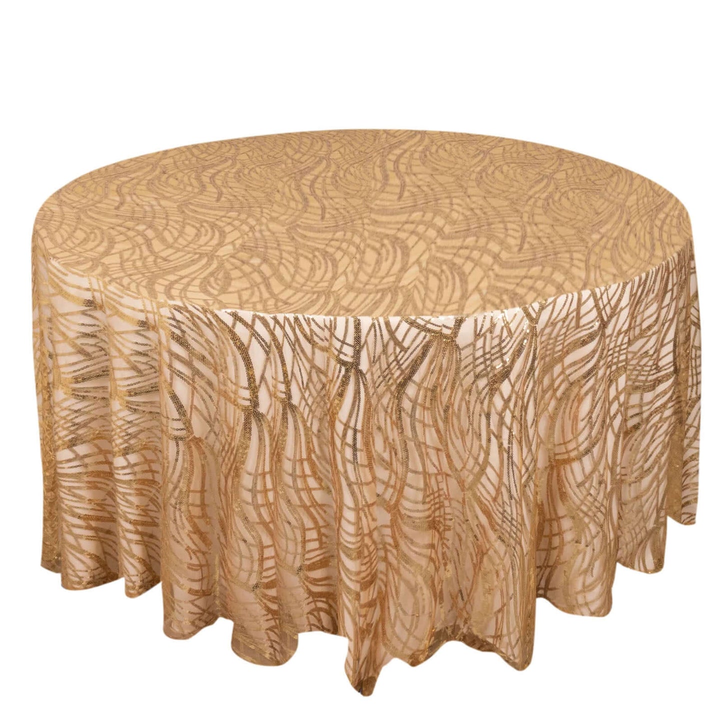 120" Rose Gold Wave Mesh Round Tablecloth With Gold Embroidered Sequins