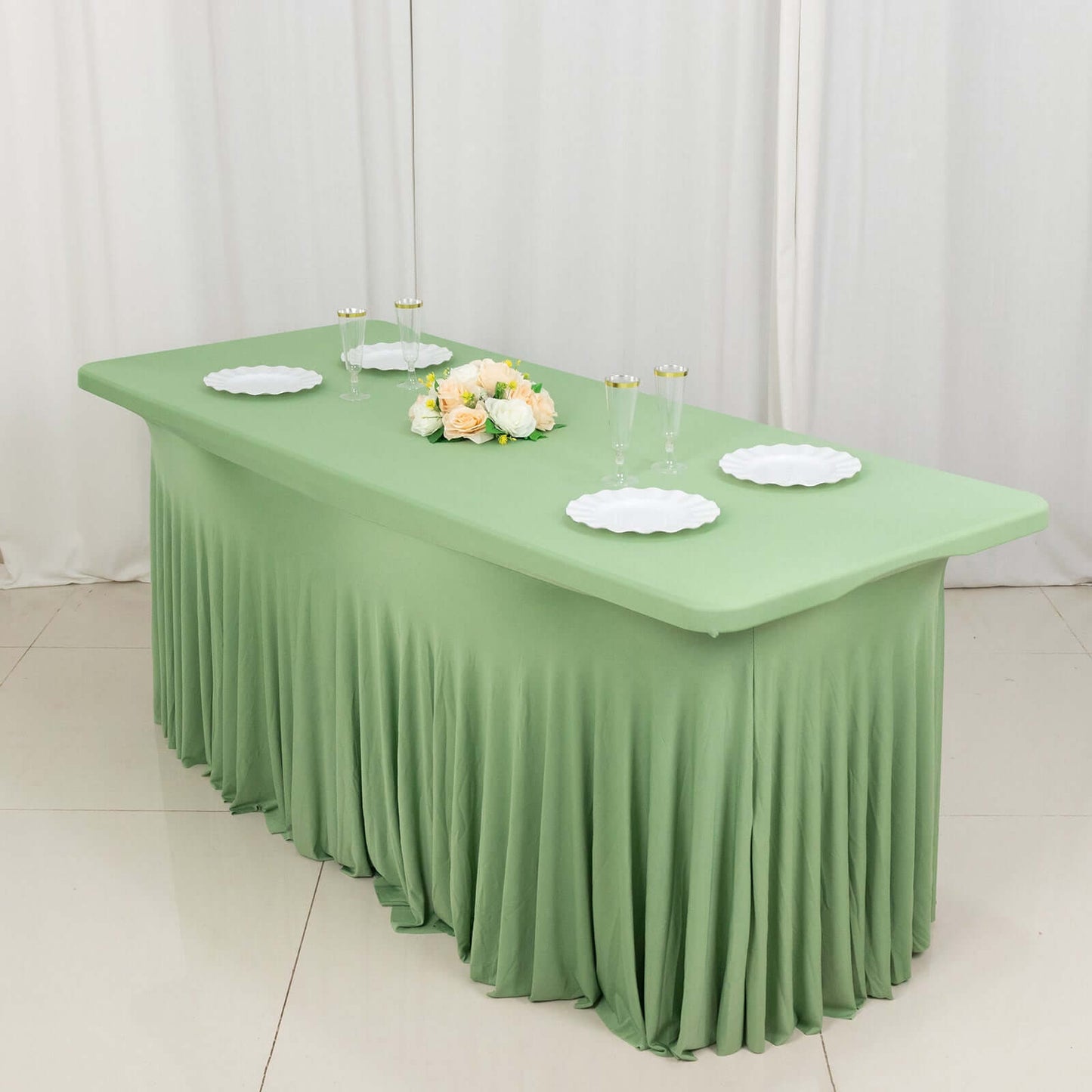 6ft Sage Green Wavy Spandex Fitted Rectangle 1-Piece Tablecloth Table Skirt, Stretchy Table Skirt Cover with Ruffles