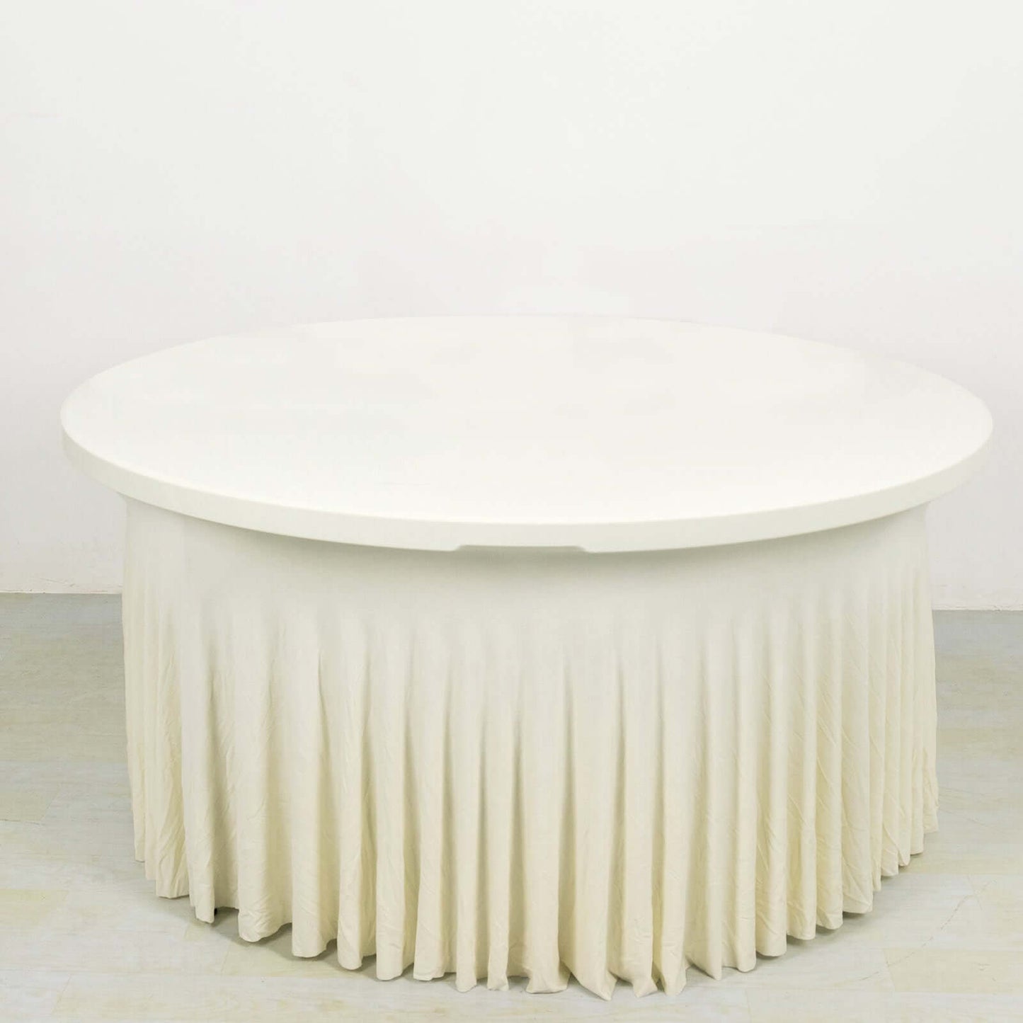 6ft Ivory Wavy Spandex Fitted Round 1-Piece Tablecloth Table Skirt, Stretchy Table Cover with Ruffles