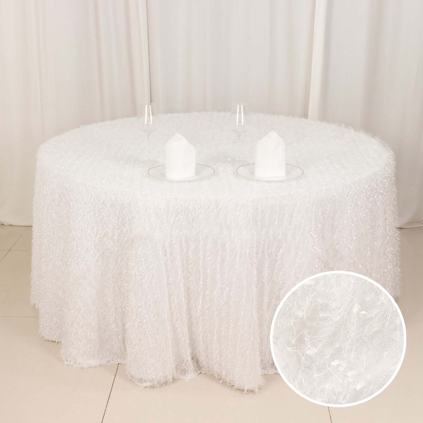 White Fringe Shag Polyester Round Tablecloth 120"