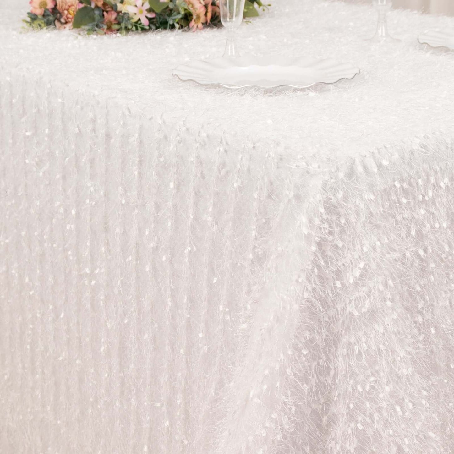 White Fringe Shag Polyester Rectangular Tablecloth 90"x156"