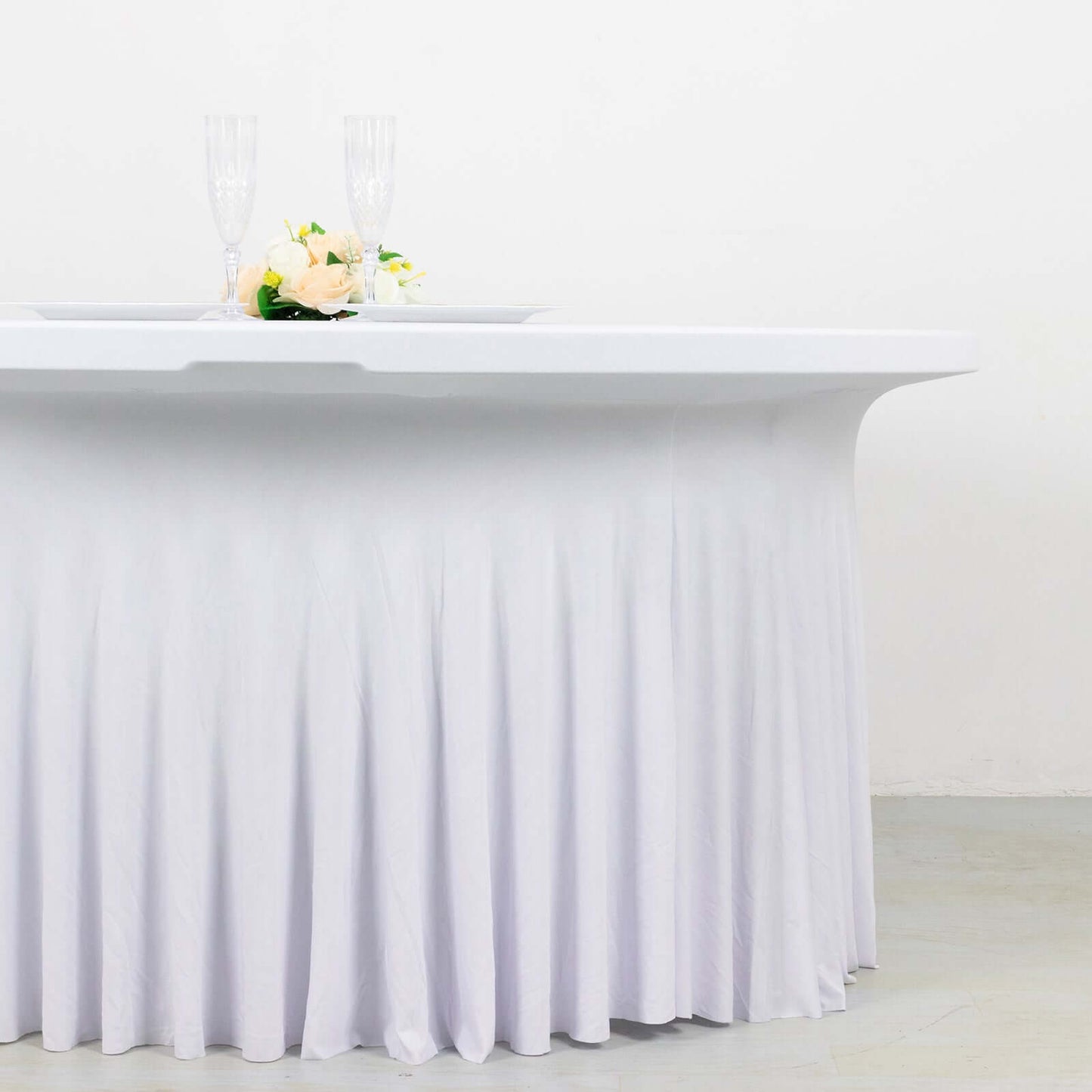 White Wavy Spandex Fitted Round 1-Piece Tablecloth Table Skirt, Stretchy Table Cover with Ruffles - 5ft