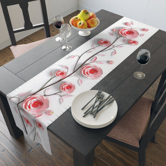 3D Table Runner with Pink Ranunuculus Floral Design (16" × 72")