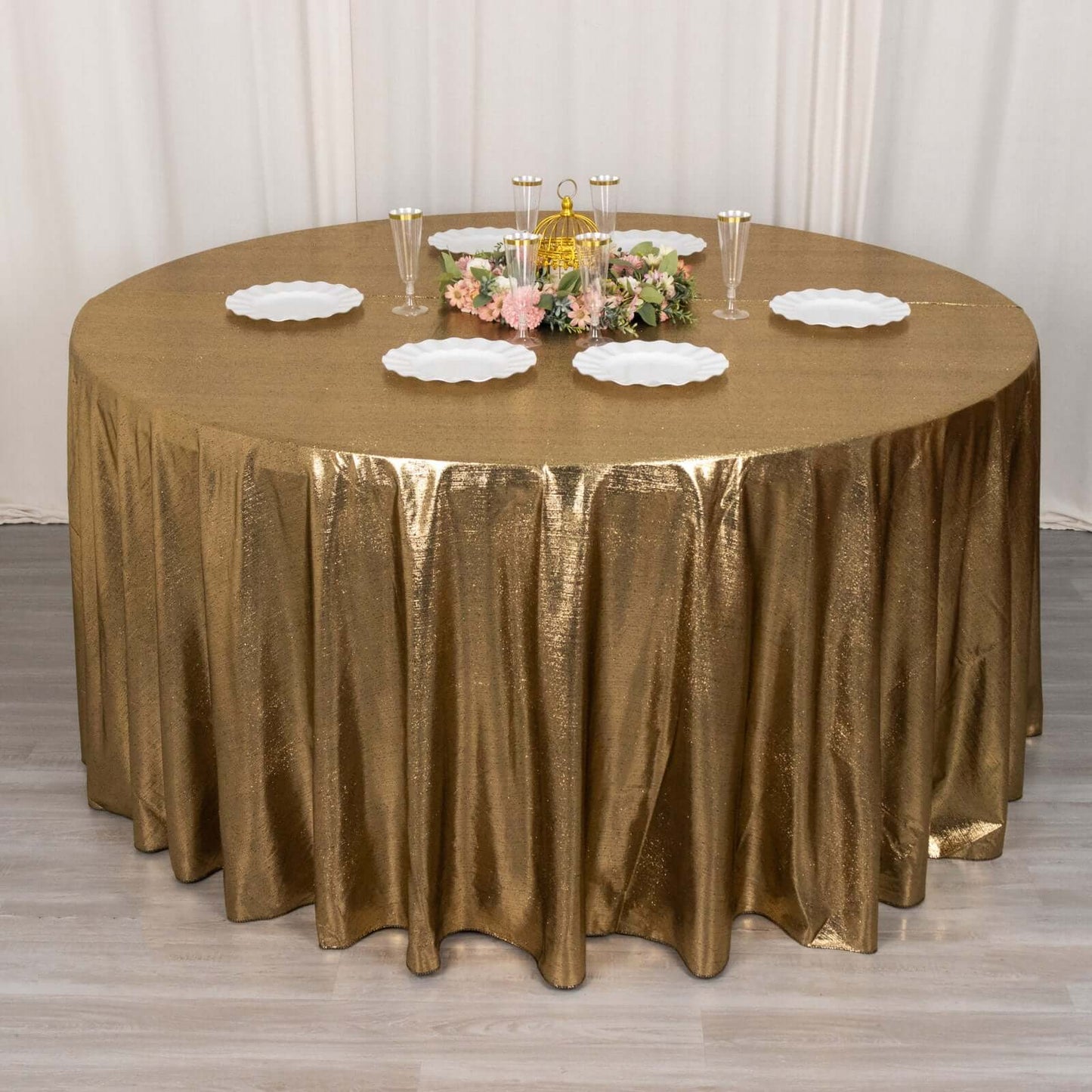 120" Antique Gold Shimmer Sequin Dots Polyester Tablecloth, Wrinkle Free Sparkle Glitter Table Cover