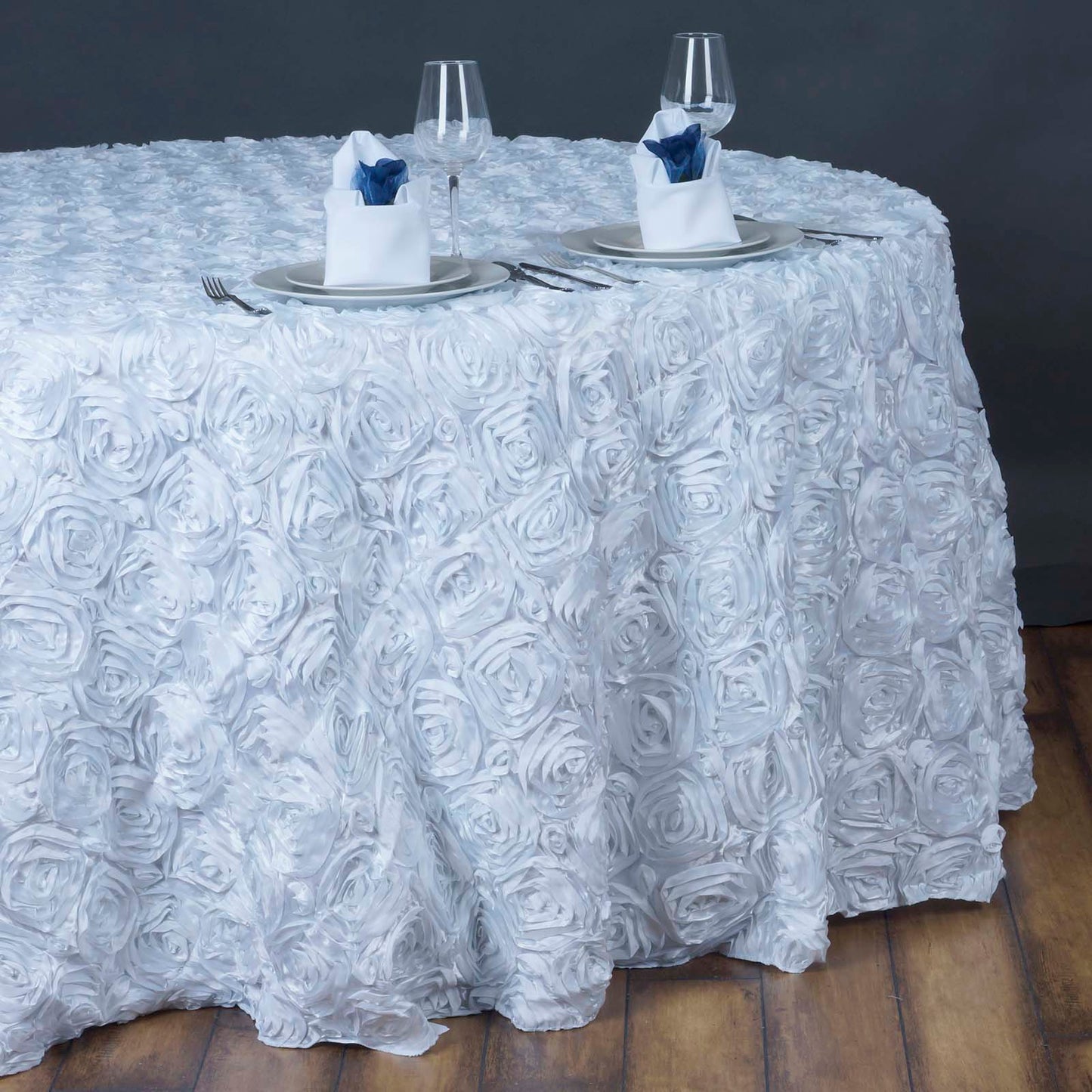 White Seamless Grandiose Rosette 3D Satin Round Tablecloth 132"