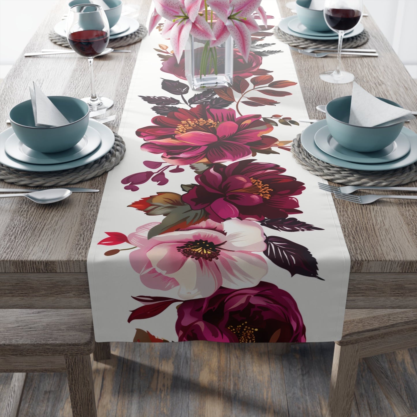 Viva Table Runner with Magenta and Crimson Floral Design (16" × 72")