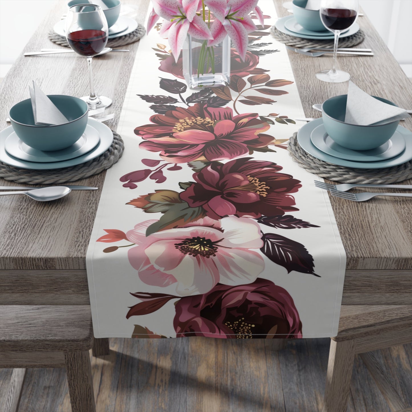 Viva Table Runner with Magenta and Crimson Floral Design (16" × 72")