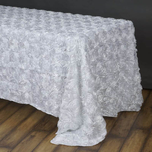White Seamless Grandiose Rosette 3D Satin Rectangle Tablecloth 90"x156"