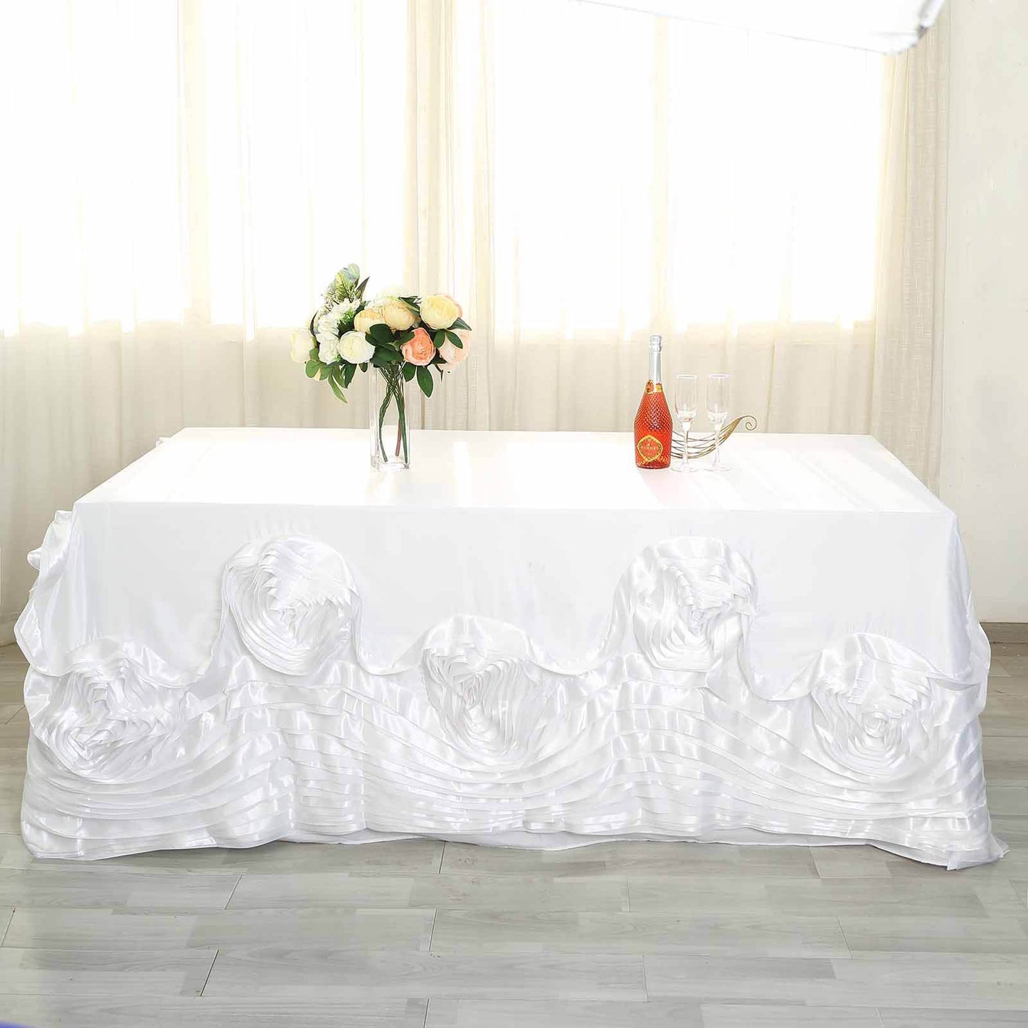 White Seamless Large Rosette Rectangular Lamour Satin Tablecloth 90"x156"