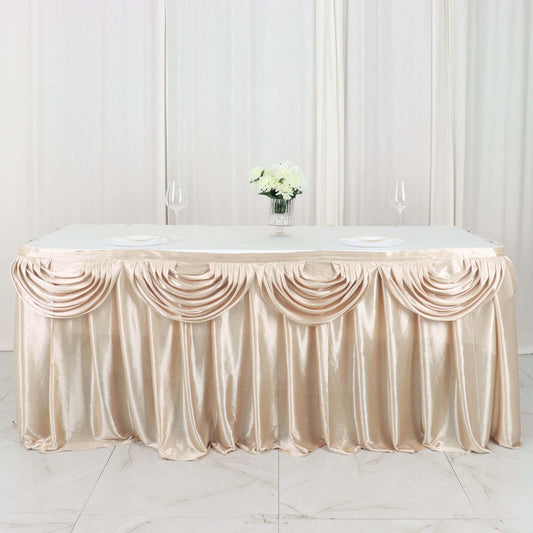 Beige Pleated Satin Double Drape Table Skirt 14ft