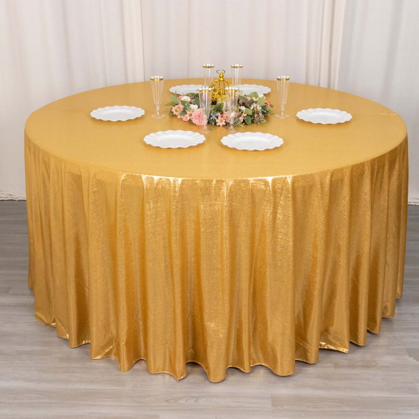120" Gold Shimmer Sequin Dots Polyester Tablecloth, Wrinkle Free Sparkle Glitter Table Cover