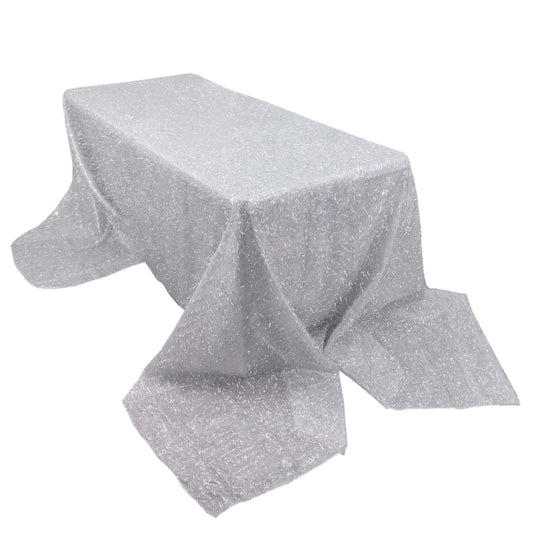 90"x156" Metallic Silver Premium Tinsel Shag Rectangular Tablecloth, Shimmery Metallic Fringe Polyester Tablecloth