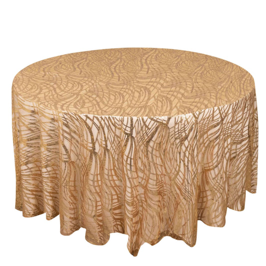 120" Rose Gold Wave Mesh Round Tablecloth With Gold Embroidered Sequins