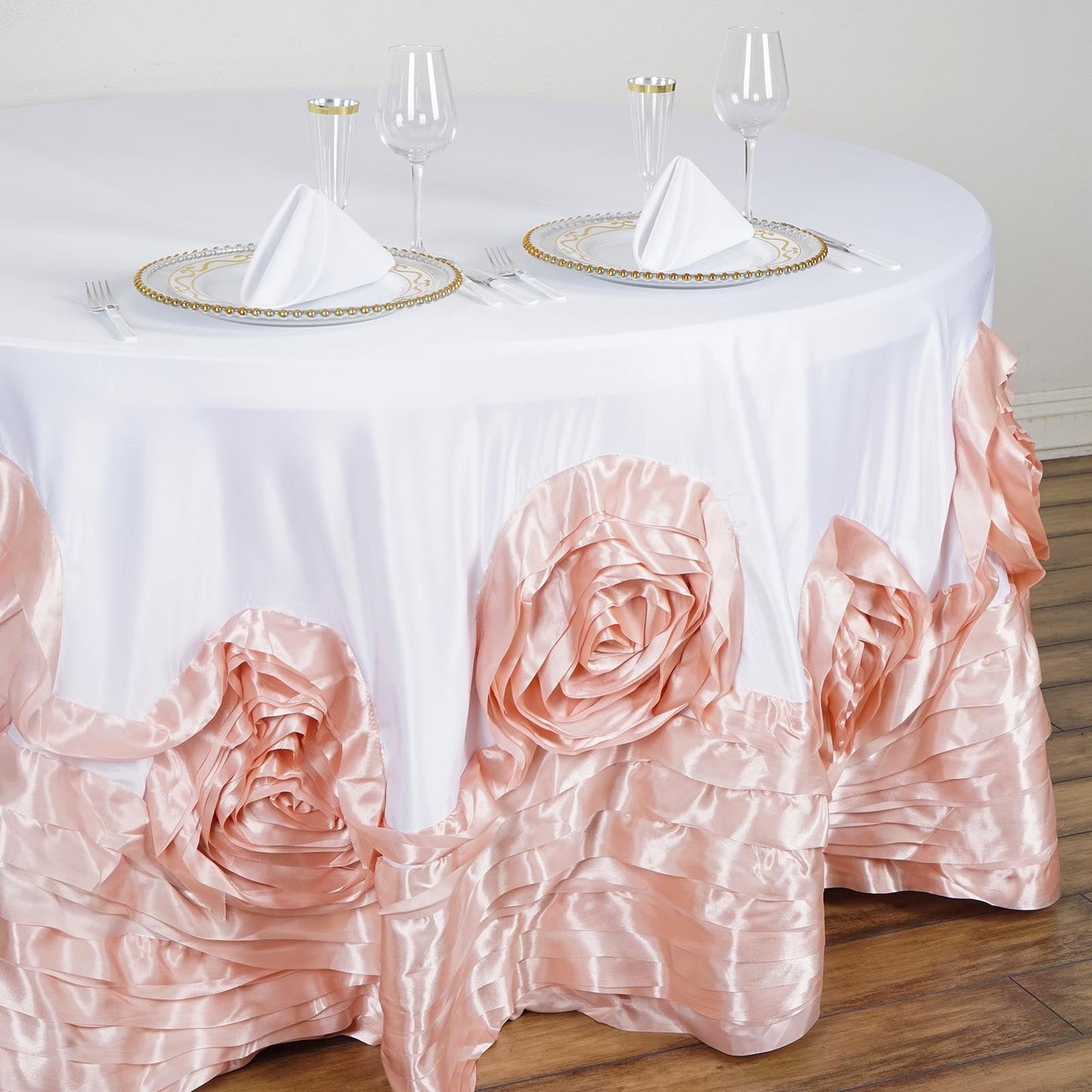 White Blush Seamless Large Rosette Round Lamour Satin Tablecloth 120"