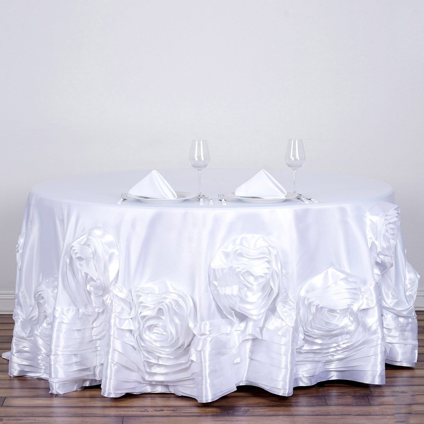 White Seamless Large Rosette Round Lamour Satin Tablecloth 120"