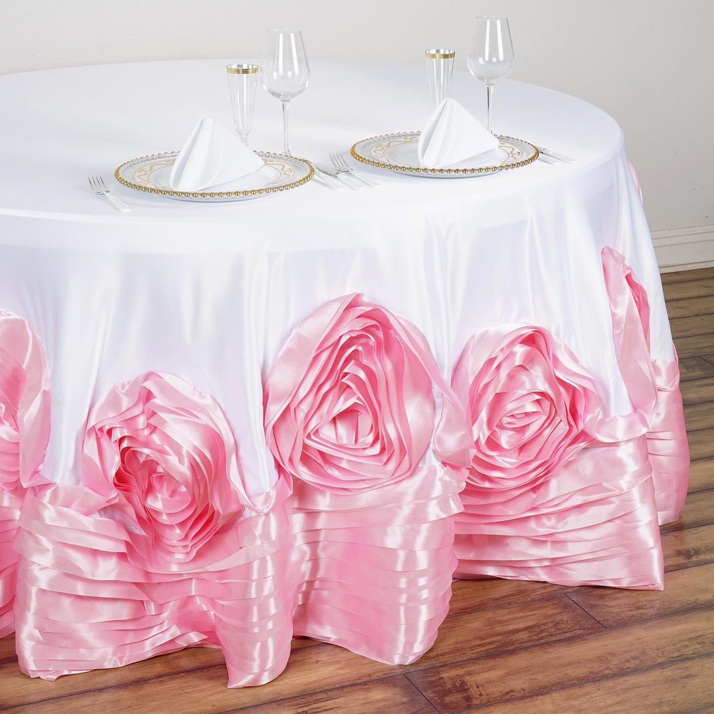 White / Pink Seamless Large Rosette Round Lamour Satin Tablecloth 132"