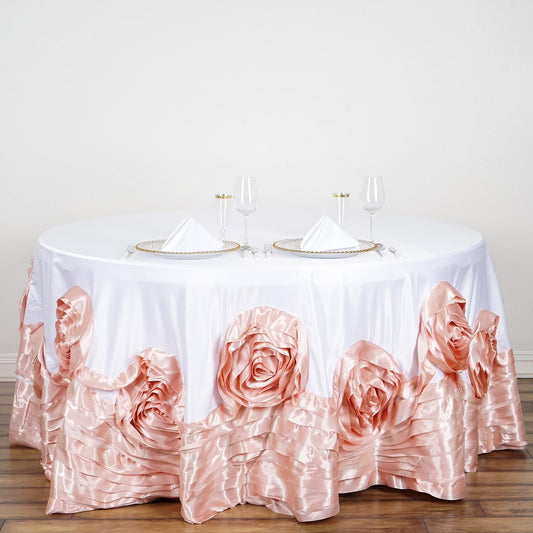 White Blush Seamless Large Rosette Round Lamour Satin Tablecloth 120"