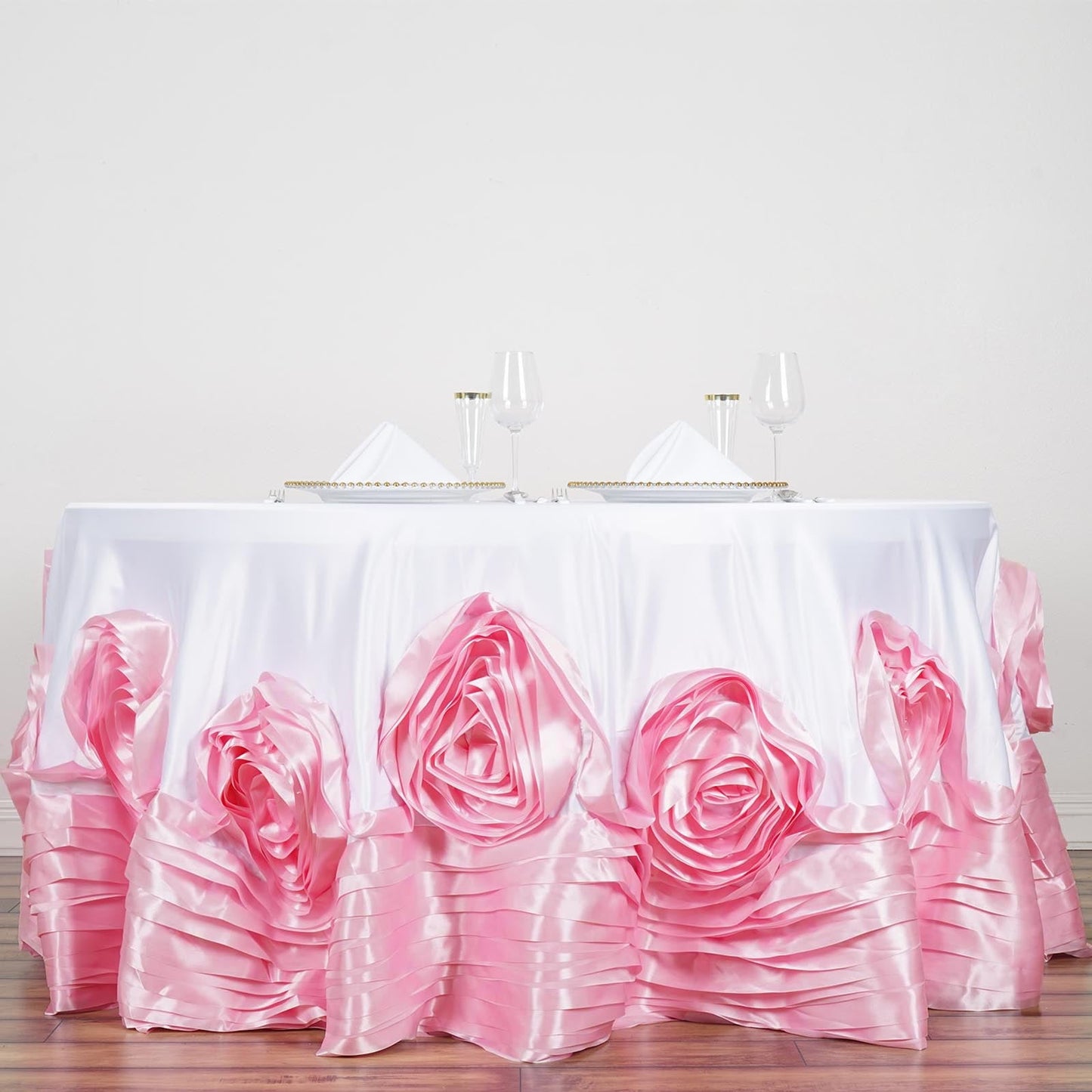 White / Pink Seamless Large Rosette Round Lamour Satin Tablecloth 132"