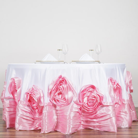 White / Pink Seamless Large Rosette Round Lamour Satin Tablecloth 132"