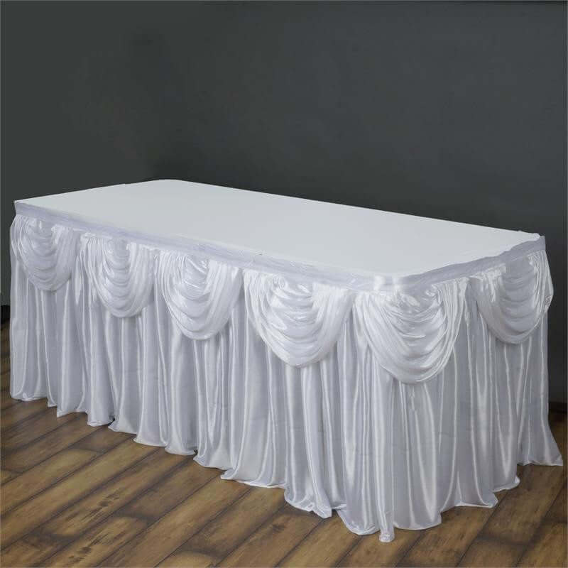 White Pleated Satin Double Drape Table Skirt 14ft