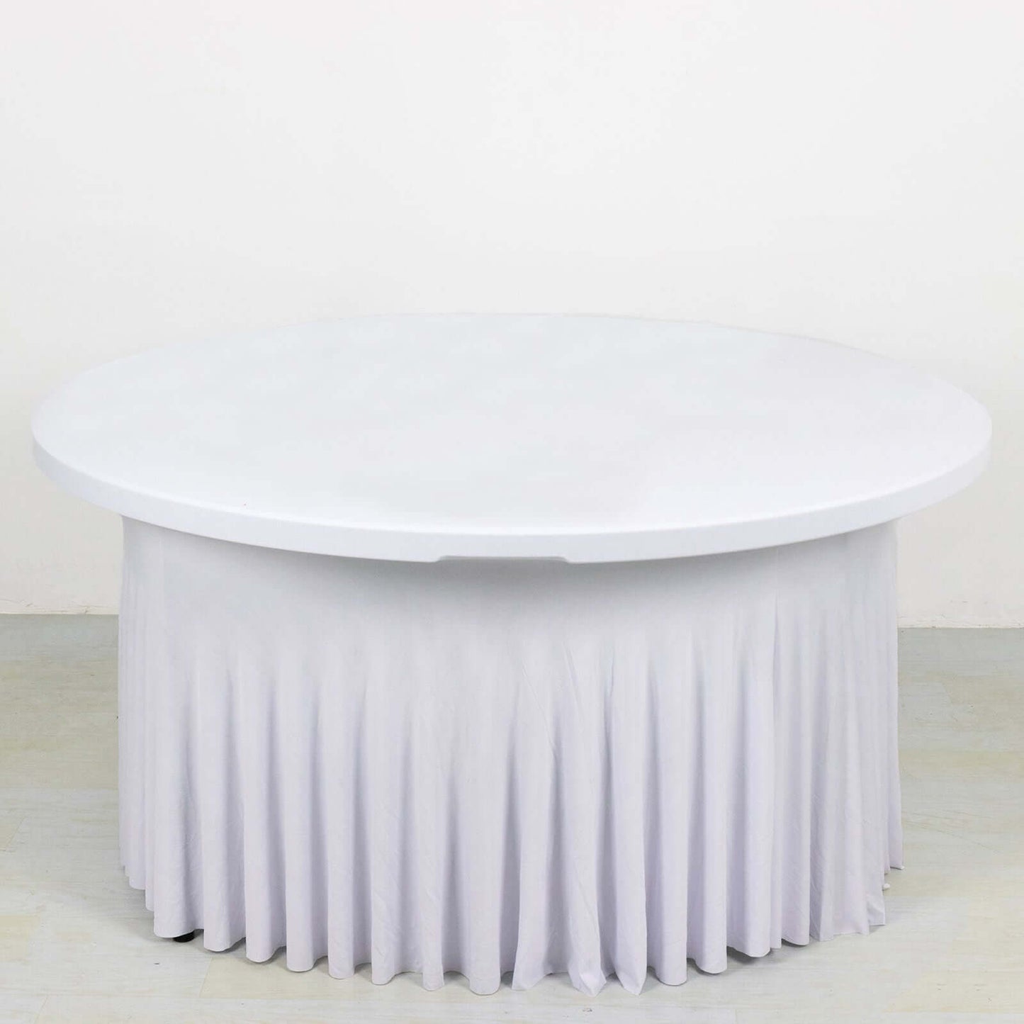 White Wavy Spandex Fitted Round 1-Piece Tablecloth Table Skirt, Stretchy Table Cover with Ruffles - 5ft