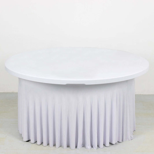 White Wavy Spandex Fitted Round 1-Piece Tablecloth Table Skirt, Stretchy Table Cover with Ruffles - 5ft