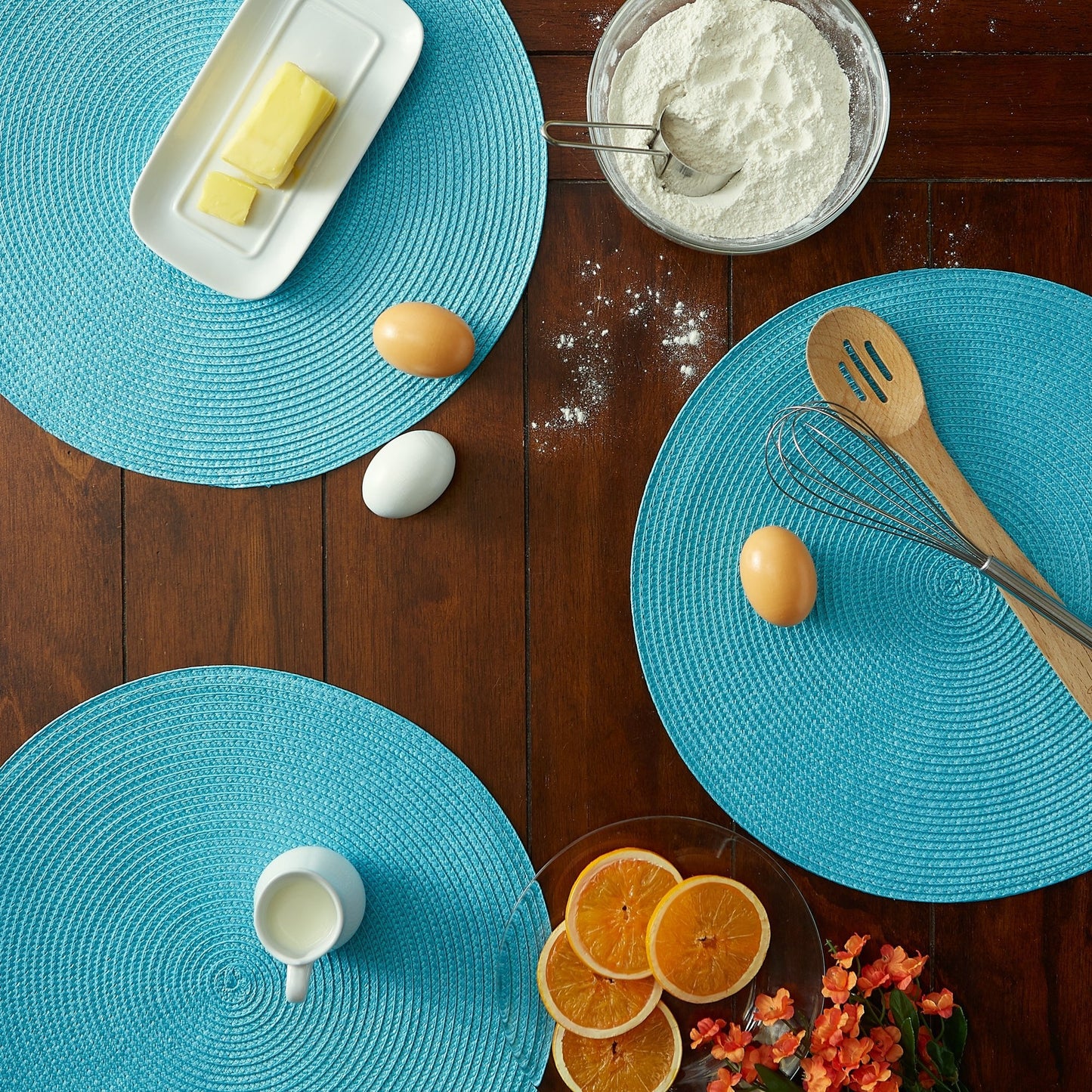 Aqua Round PP Woven Placemats, Set of 6