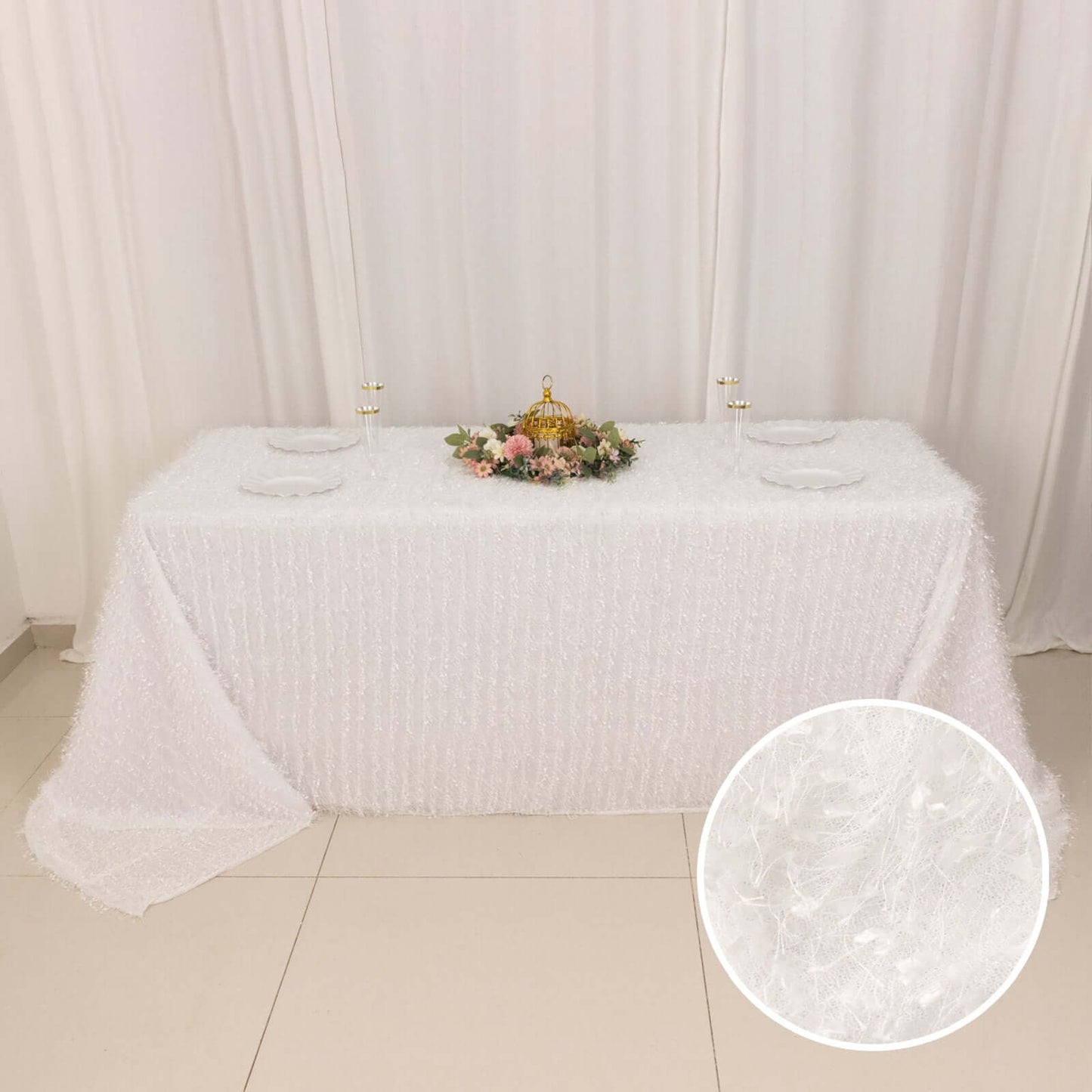 White Fringe Shag Polyester Rectangular Tablecloth 90"x156"