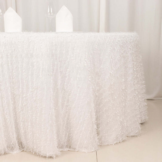 White Fringe Shag Polyester Round Tablecloth 120"