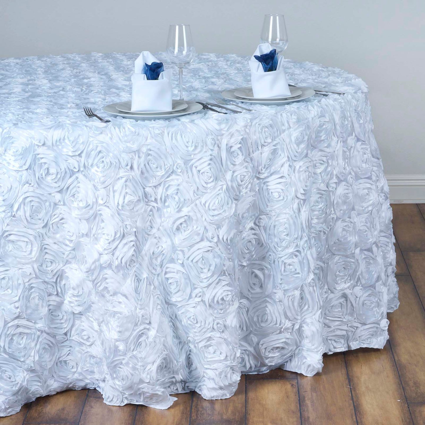 White Seamless Grandiose Rosette 3D Satin Round Tablecloth 132"