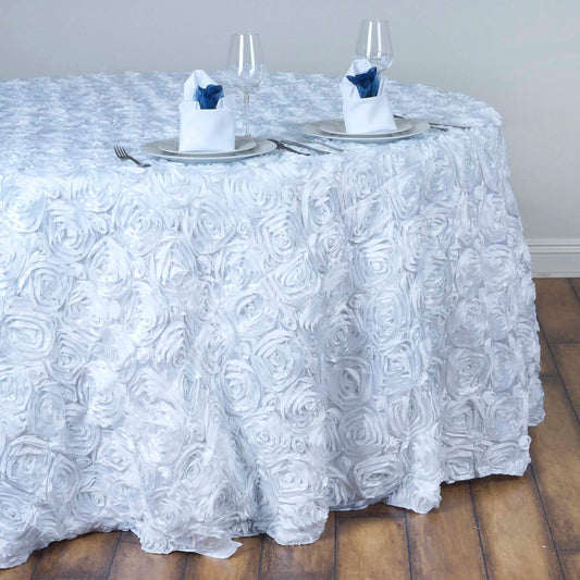 White Seamless Grandiose Rosette 3D Satin Round Tablecloth 132"